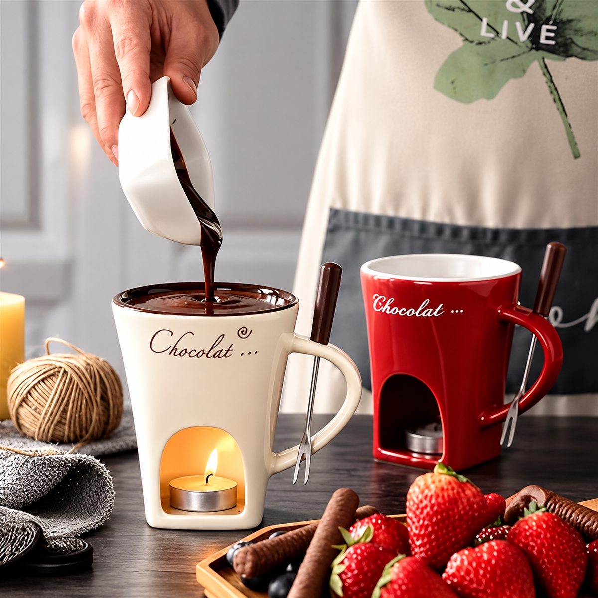 Cioccolato fuso versato nella Chocolight color crema, accanto alla Chocolight rossa e a un vassoio di fragole.