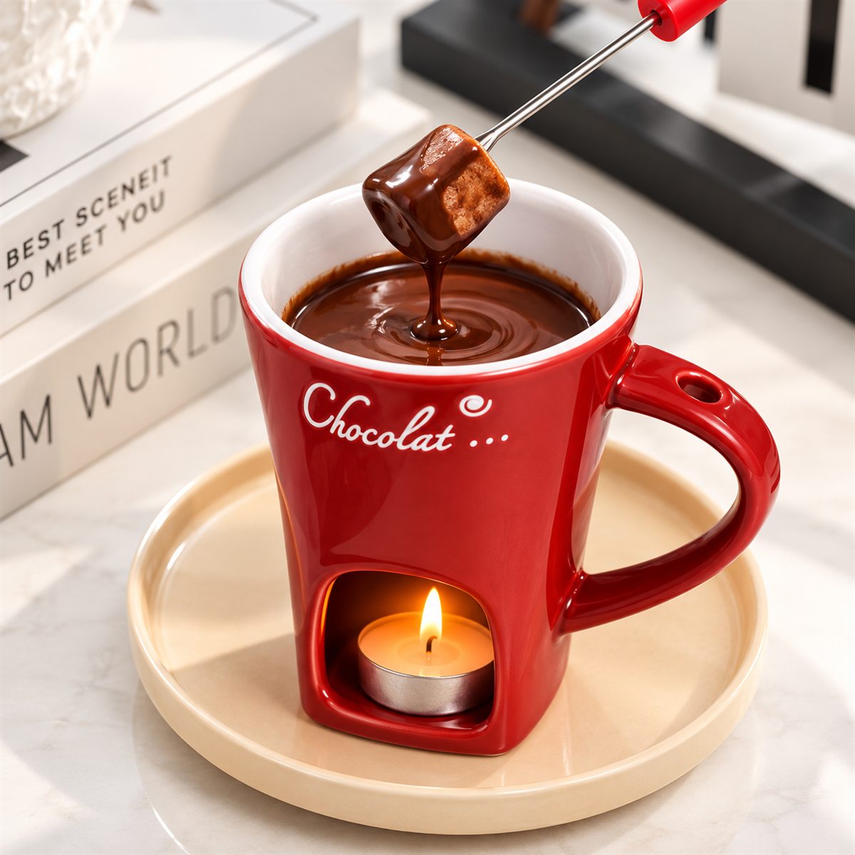 Un marshmallow sulla forchettina viene intinto nel cioccolato fuso dentro la Chocolight rossa.