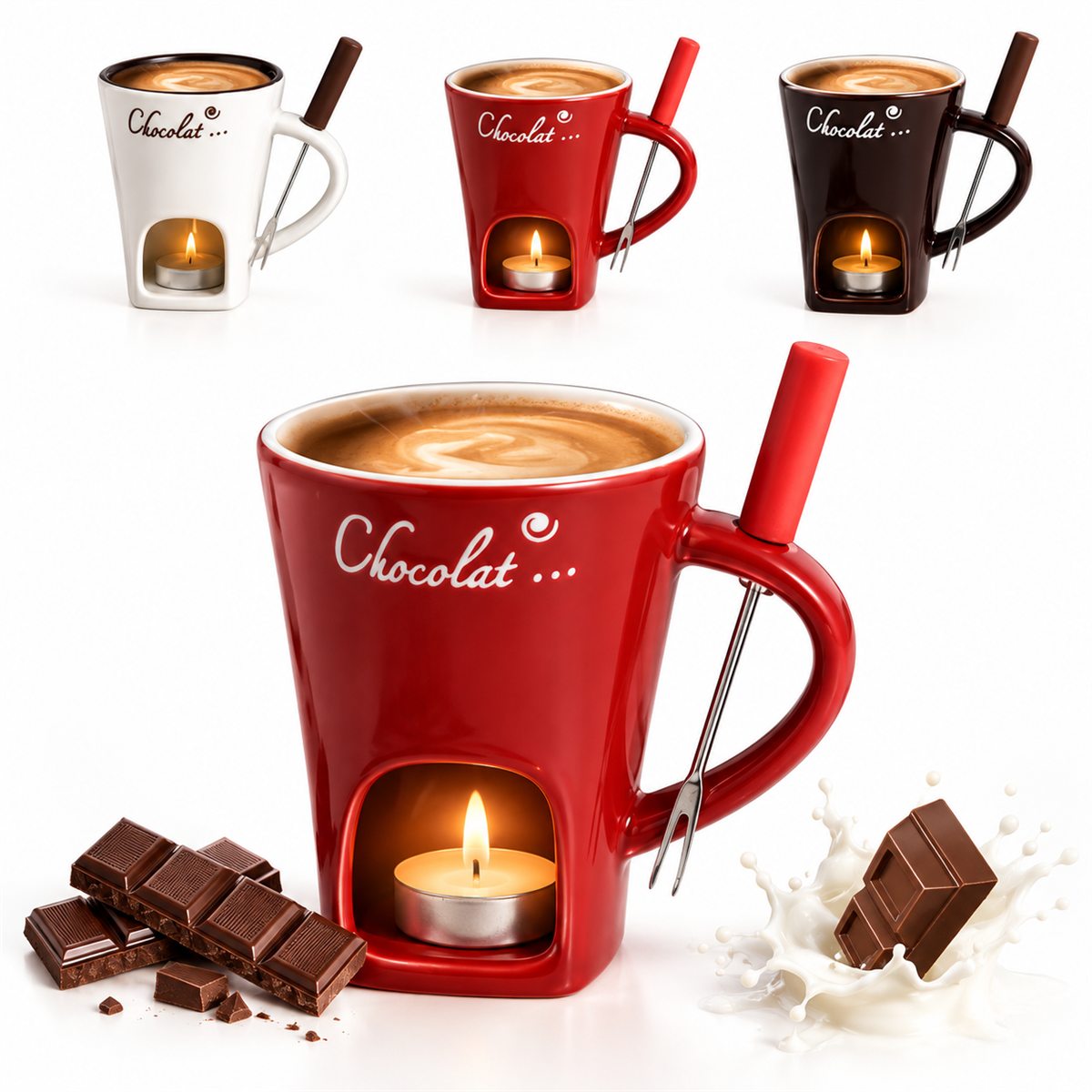 Melty rossa con forchettina, quadratini di cioccolato e uno schizzo di latte; sopra, le tre colorazioni.