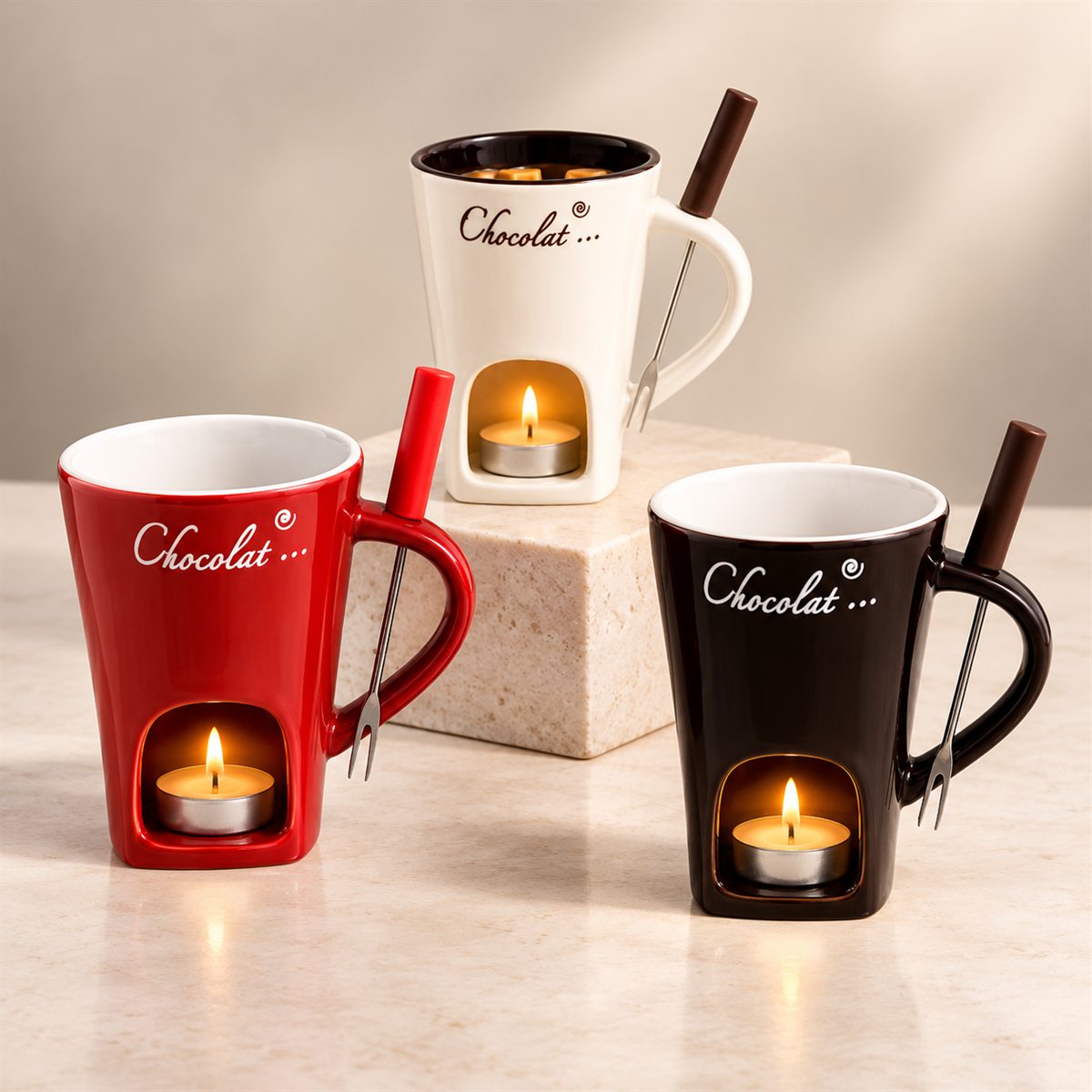 Le tre Chocolight — crema, rossa e fondente — ognuna con la candela accesa e la forchettina.